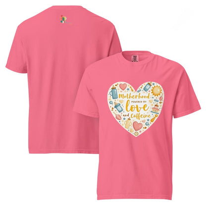 Pink t-shirt with a heart-shaped design and text on the front, displayed on a white background.