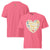 Pink t-shirt with a heart-shaped design and text on the front, displayed on a white background.