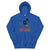 Blue hoodie with a graphic design and text on a white background