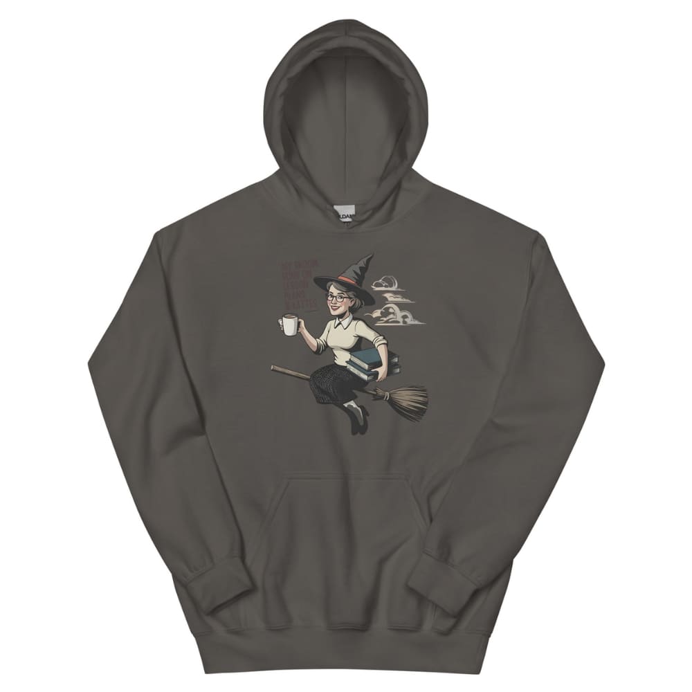 Gray hoodie with a witch design on a white background