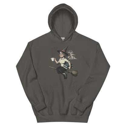 Gray hoodie with a witch design on a white background
