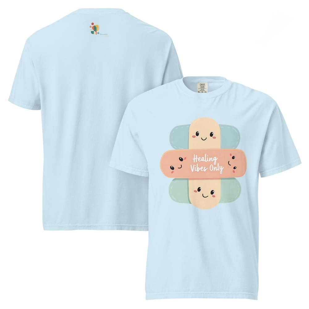 Light blue t-shirt with a bandaid graphic and 'Healing Vibes Only' text on a white background