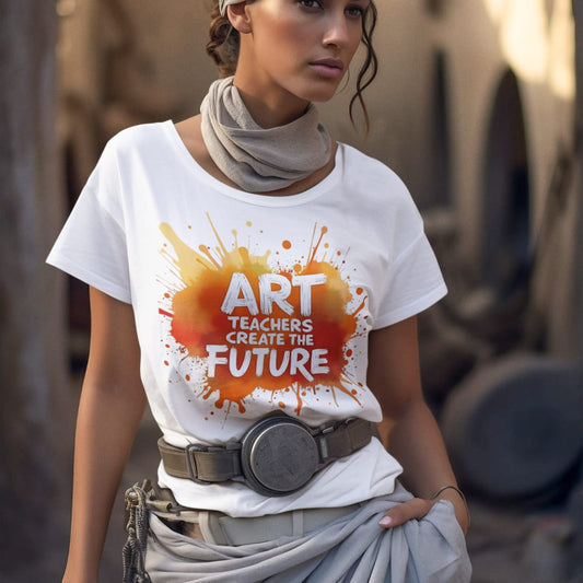 Person wearing a white t-shirt with 'Art Teachers Create the Future' design.