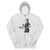 Gray hoodie with a graphic of a person holding a coffee cup and text 'Coffee first, Chart later.' on a white background.