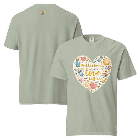 Light green t-shirt with a heart-shaped design featuring text and icons on the front, displayed on a white background.