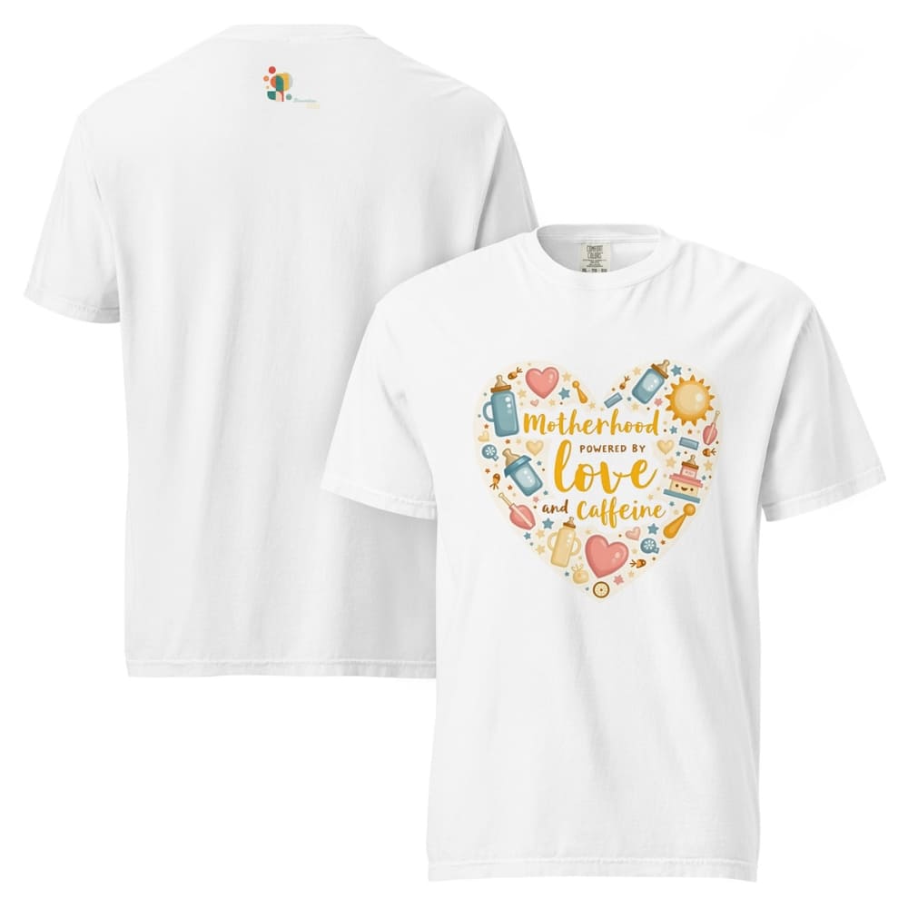 White t-shirt with colorful graphic and text on a white background