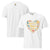 White t-shirt with colorful graphic and text on a white background