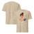 Sand t-shirt with a graphic of a woman holding a coffee cup and a laptop, on a white background.