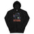Black hoodie with a graphic design and text on a white background