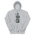 Gray hoodie with a graphic of a person holding a gun on a white background