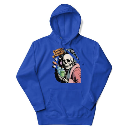 Blue hoodie with a skeleton and potion design on a white background