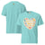Light blue t-shirt with a heart-shaped design featuring 'Motherhood fueled by love and caffeine' text on a white background.