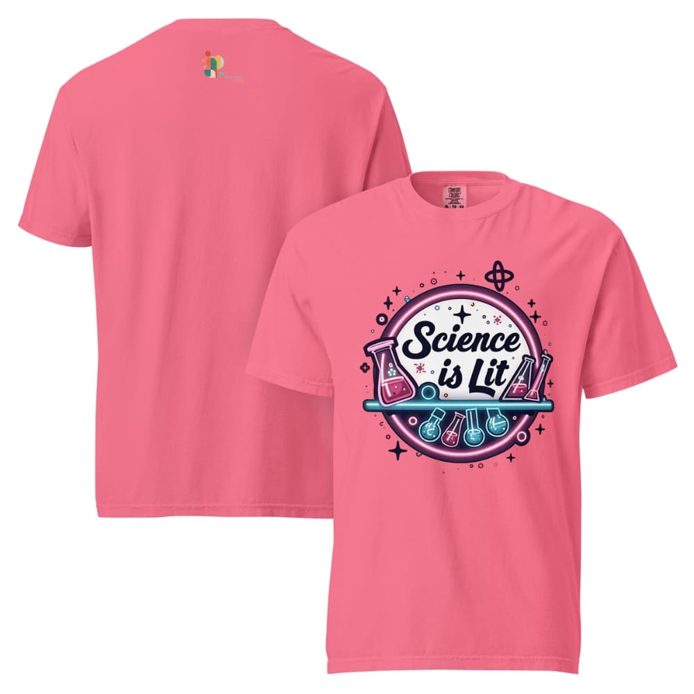 Pink t-shirt with 'Science is Lit' design on a white background