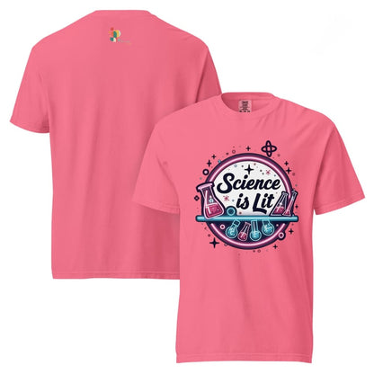 Pink t-shirt with 'Science is Lit' design on a white background
