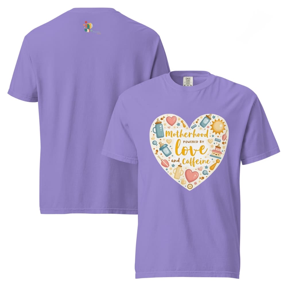 Purple t-shirt with a heart-shaped design featuring text and icons on a white background