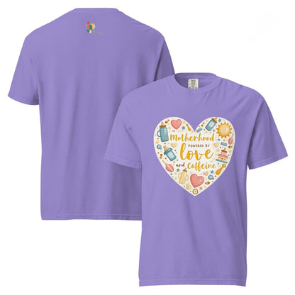 Purple t-shirt with a heart-shaped design featuring text and icons on a white background