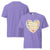 Purple t-shirt with a heart-shaped design featuring text and icons on a white background