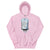 Pink hoodie with a graphic design on a white background