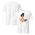 White t-shirt with a graphic of a girl holding a laptop and coffee, on a white background