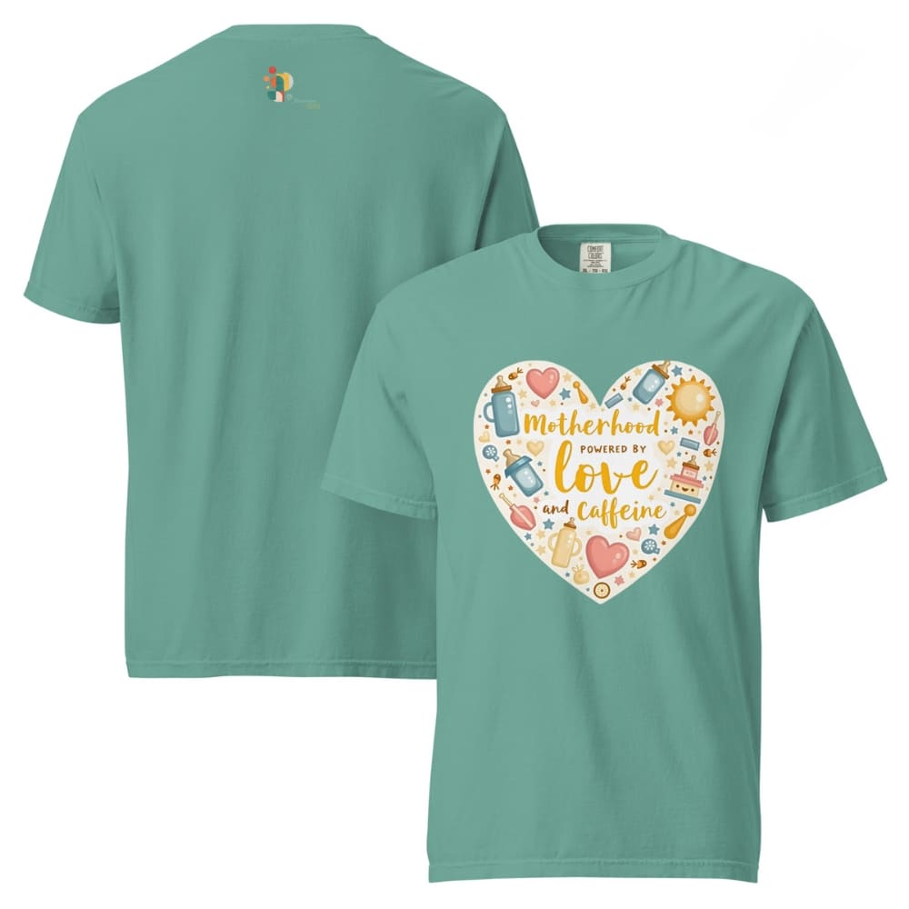 Teal t-shirt with a heart-shaped design featuring icons and text on a white background