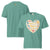 Teal t-shirt with a heart-shaped design featuring icons and text on a white background