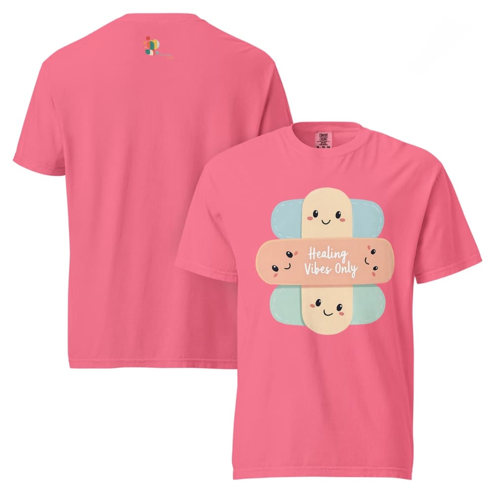 Pink t-shirt with cartoon bandages and 'Healing Vibes Only' text on a white background