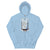 Light blue hoodie with a graphic design on a white background