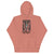 Coral hoodie with graphic design and text on a white background