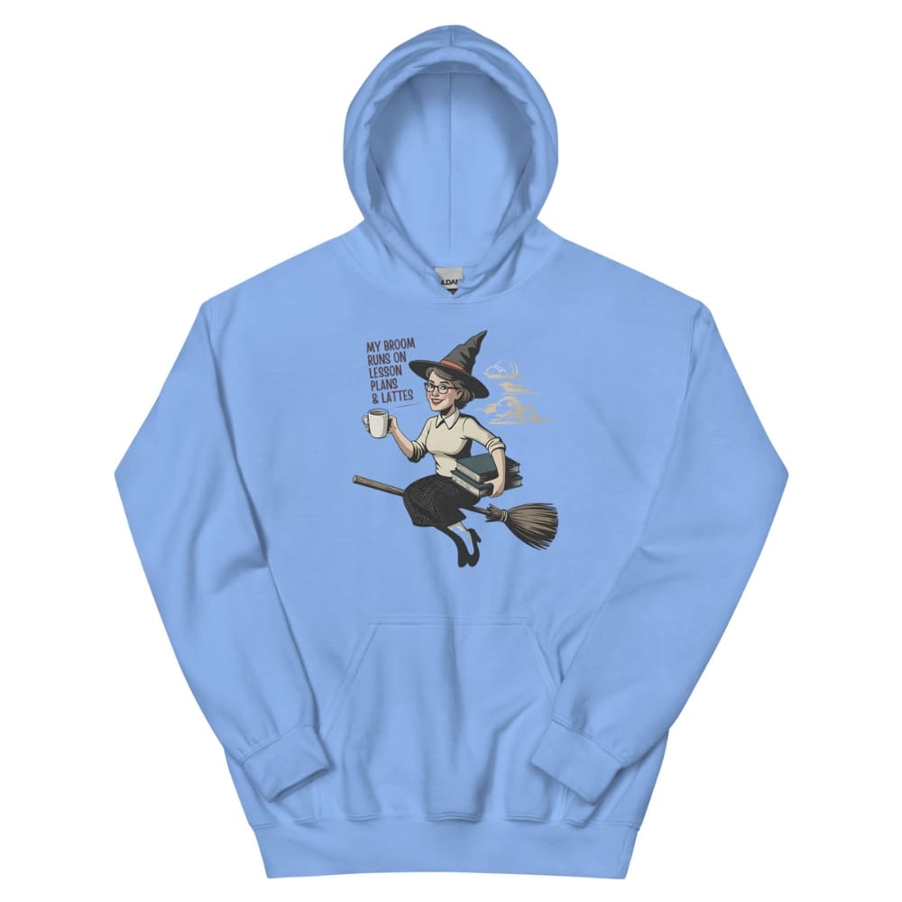 Light blue hoodie with a graphic of a witch on a broom and text on a white background