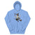 Light blue hoodie with a graphic of a witch on a broom and text on a white background