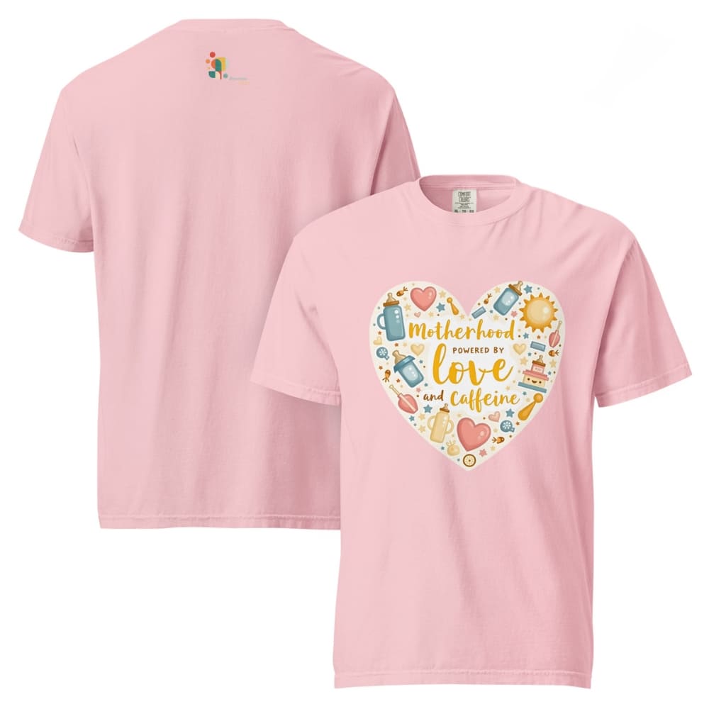 Pink t-shirt with a colorful heart design and text on a white background