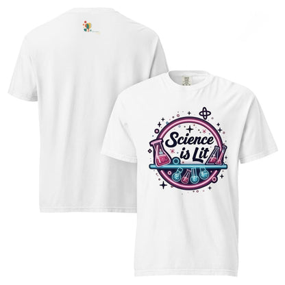 White t-shirt with 'Science is Lit' design on a white background