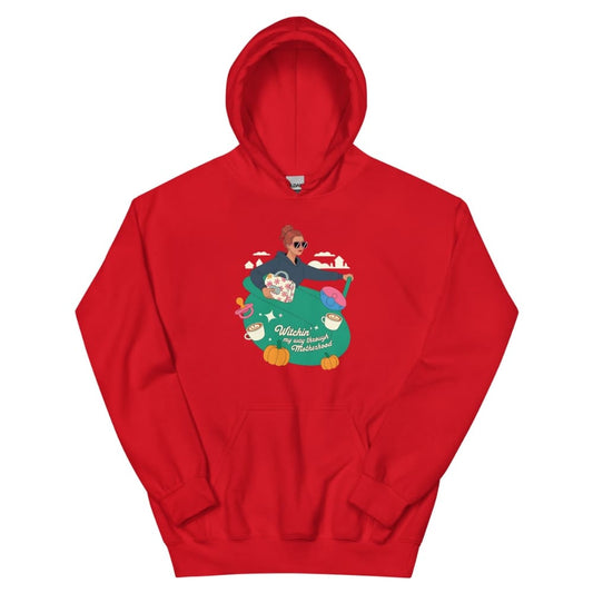 Red hoodie with a colorful graphic design on a white background