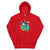 Red hoodie with a colorful graphic design on a white background