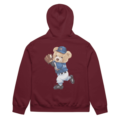 Maroon hoodie with a teddy bear graphic on the back, featuring a blue cap and jersey.