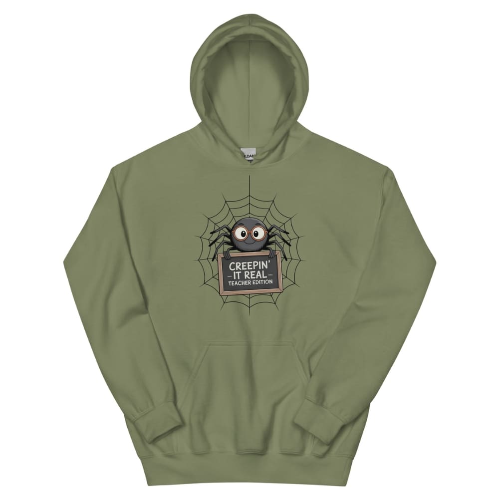 Green hoodie with spider graphic and text on a white background