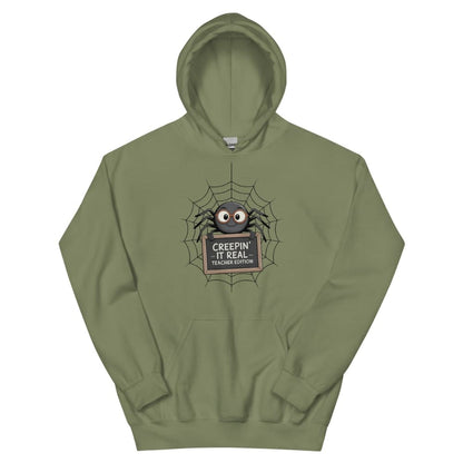 Green hoodie with spider graphic and text on a white background