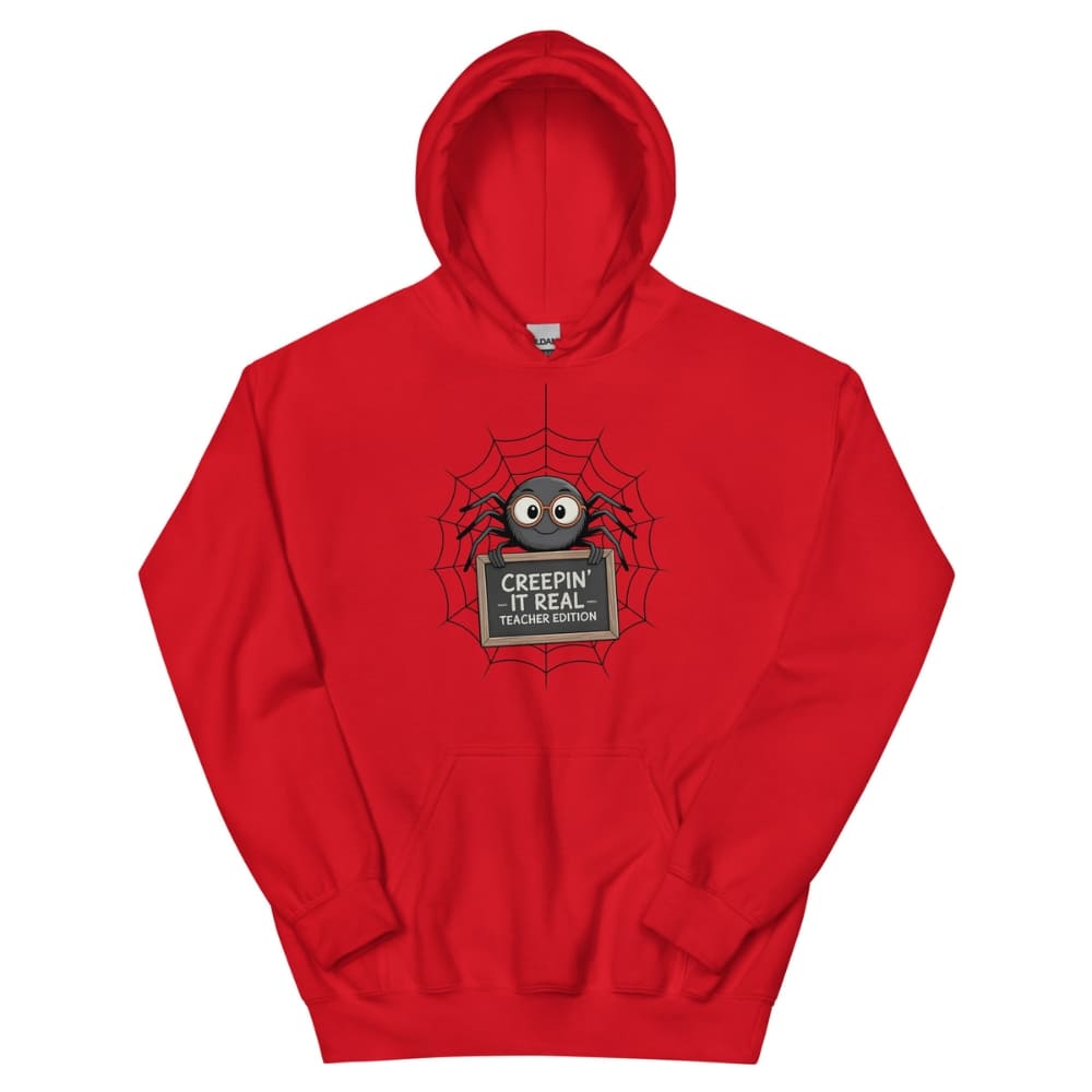 Red hoodie with a spider graphic and text on a white background