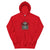 Red hoodie with a spider graphic and text on a white background