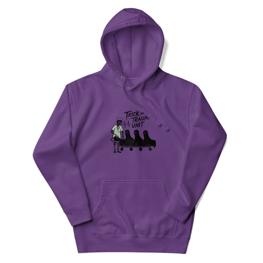 Purple hoodie with graphic design and text on a white background