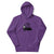 Purple hoodie with graphic design and text on a white background