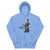 Light blue hoodie with graphic of a woman holding a coffee cup and text 'Coffee first, Chart later.' on a white background.