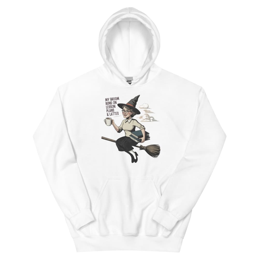 White hoodie with a graphic of a witch on a broom and text on a white background