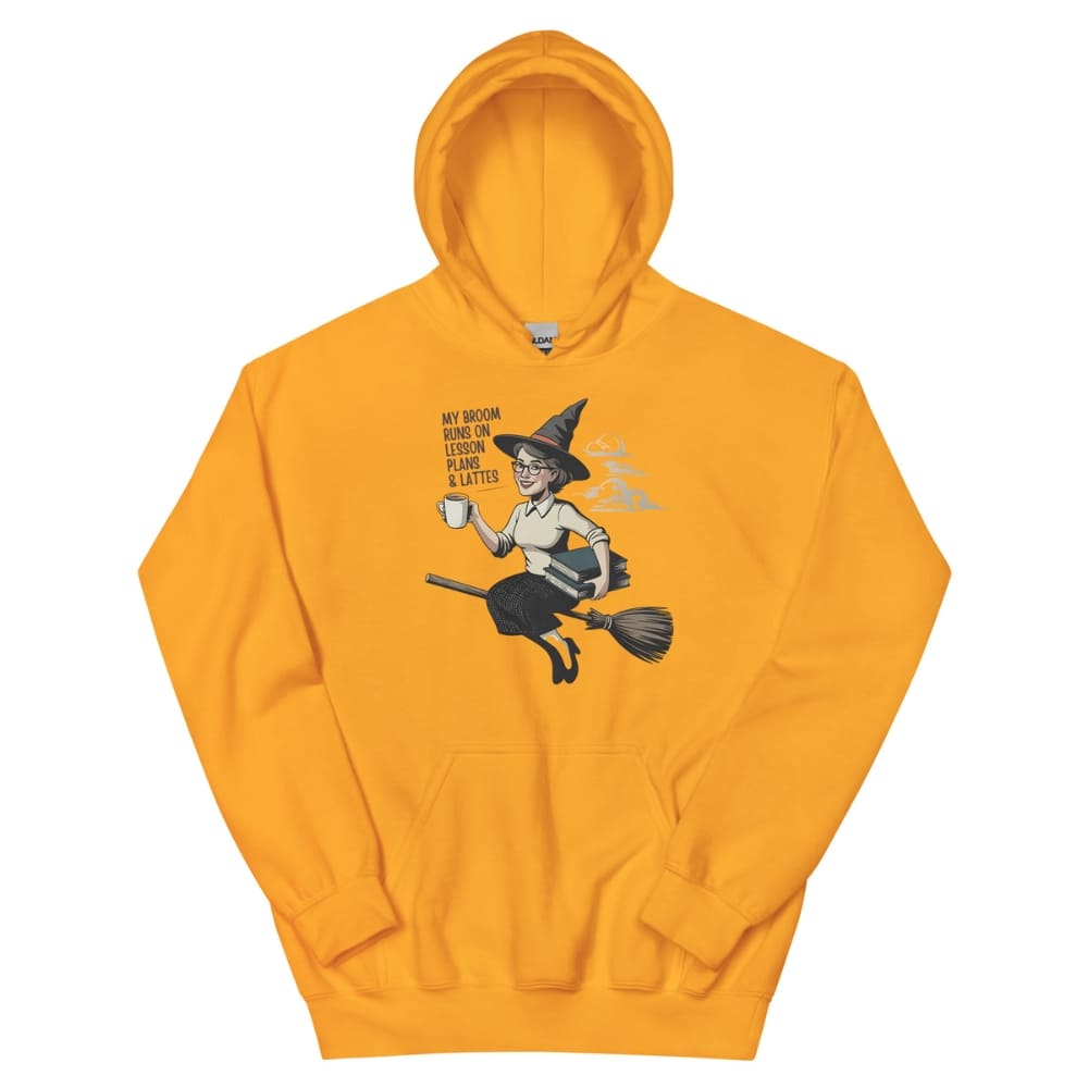 Yellow hoodie with a witch graphic and text on a white background