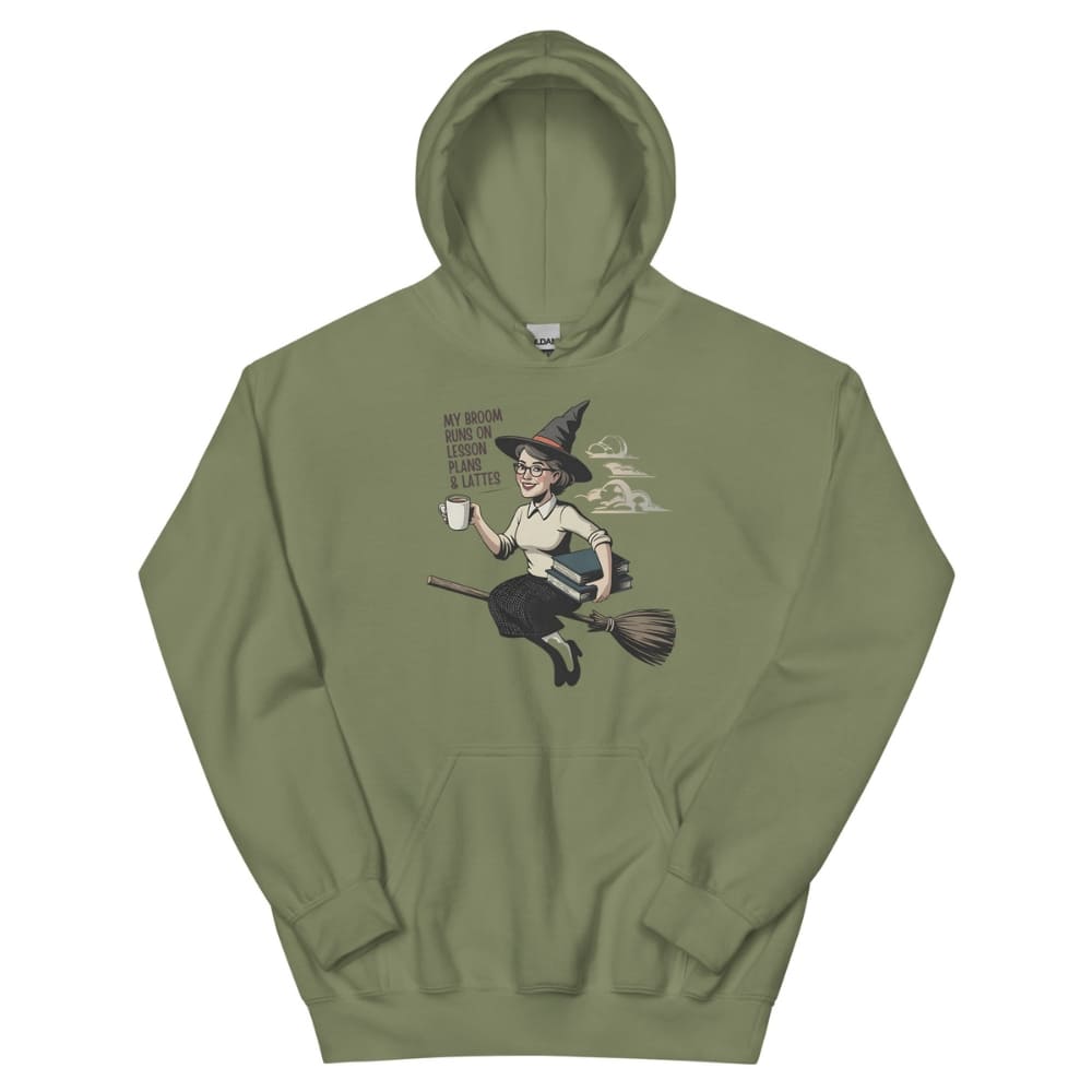 Green hoodie with a graphic of a witch on a broom and text on a white background