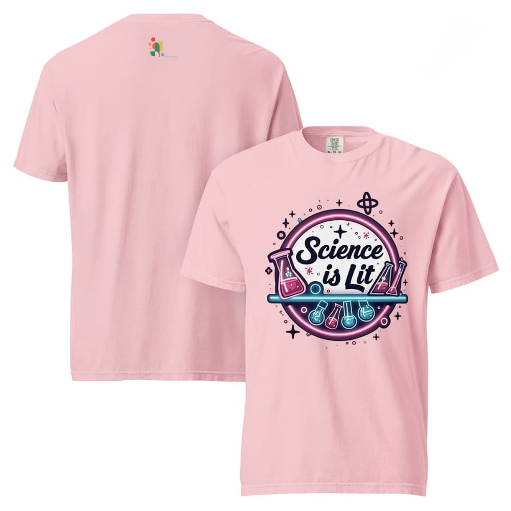 Pink t-shirt with 'Science is Lit' design on a white background