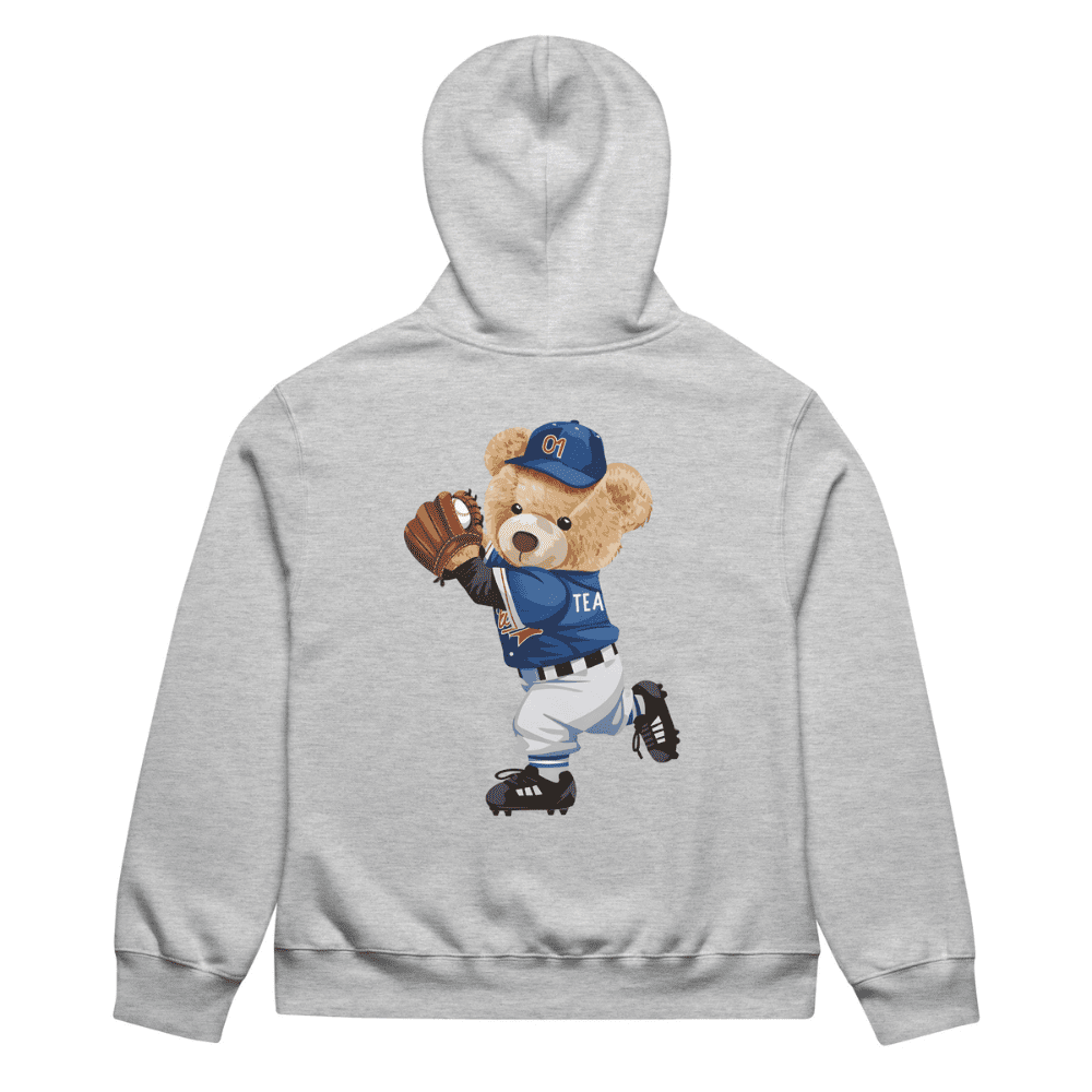 Gray hoodie with a bear in a baseball uniform graphic on a white background