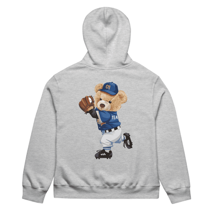 Gray hoodie with a bear in a baseball uniform graphic on a white background