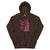 Brown hoodie with pink graphic design on a white background