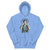 Light blue hoodie with graphic design on a white background